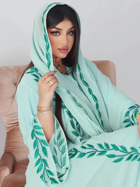 Embroidery Abaya Dress with Scarf Morocco Style